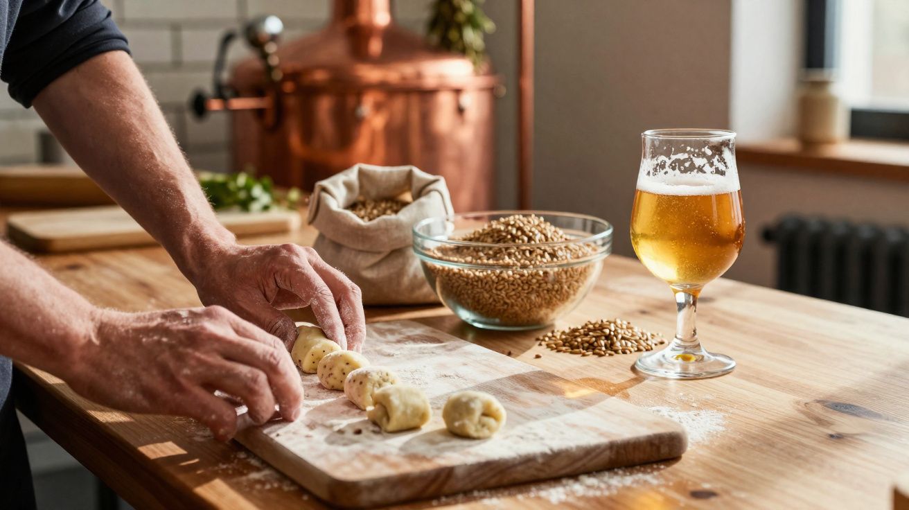 Mãos a moldar pequenas bolas de massa, ao lado de copo de cerveja e sacos com grãos numa mesa de madeira.