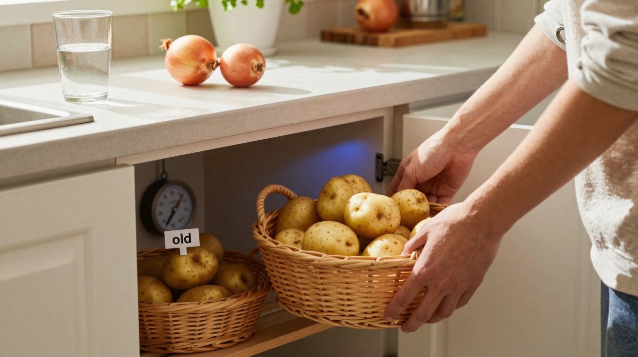 Mãos a retirar cesto de batatas frescas de armário de cozinha com outro cesto marcado "old" com batatas velhas.