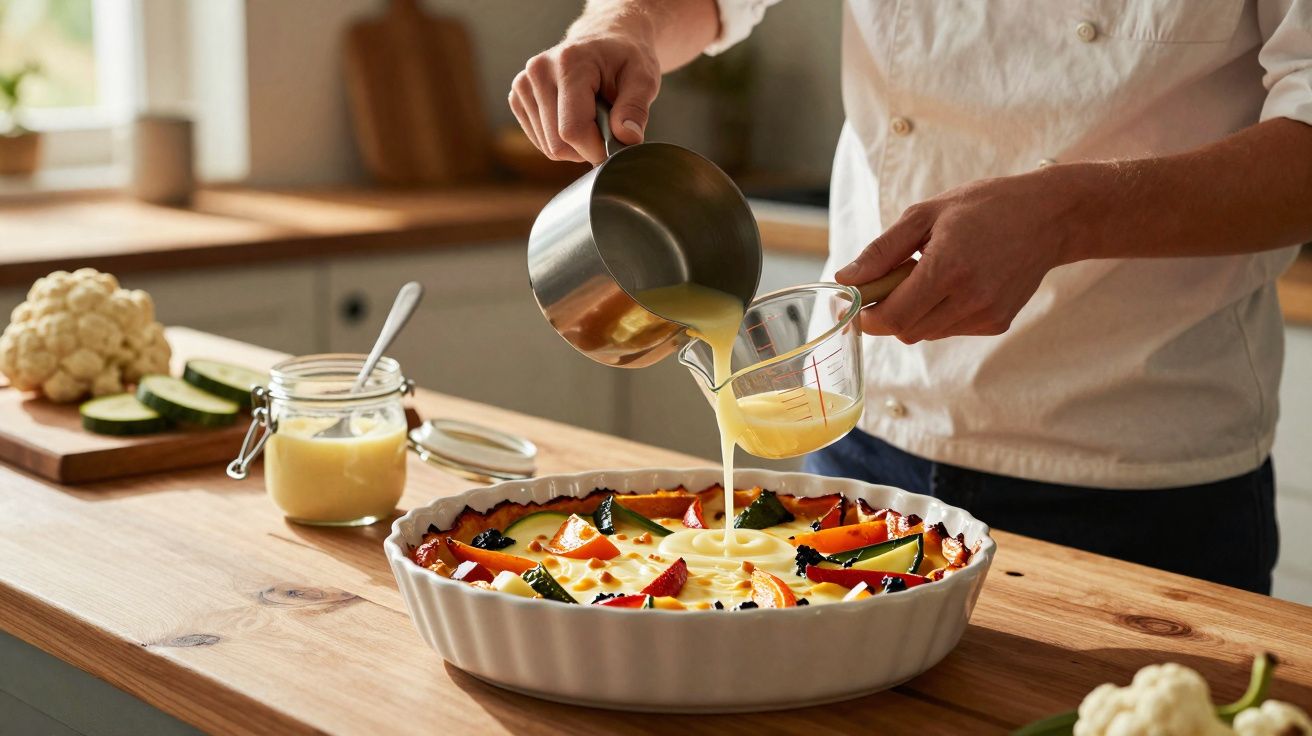 Pessoa a verter mistura líquida numa tarte de legumes numa cozinha com legumes frescos à volta.