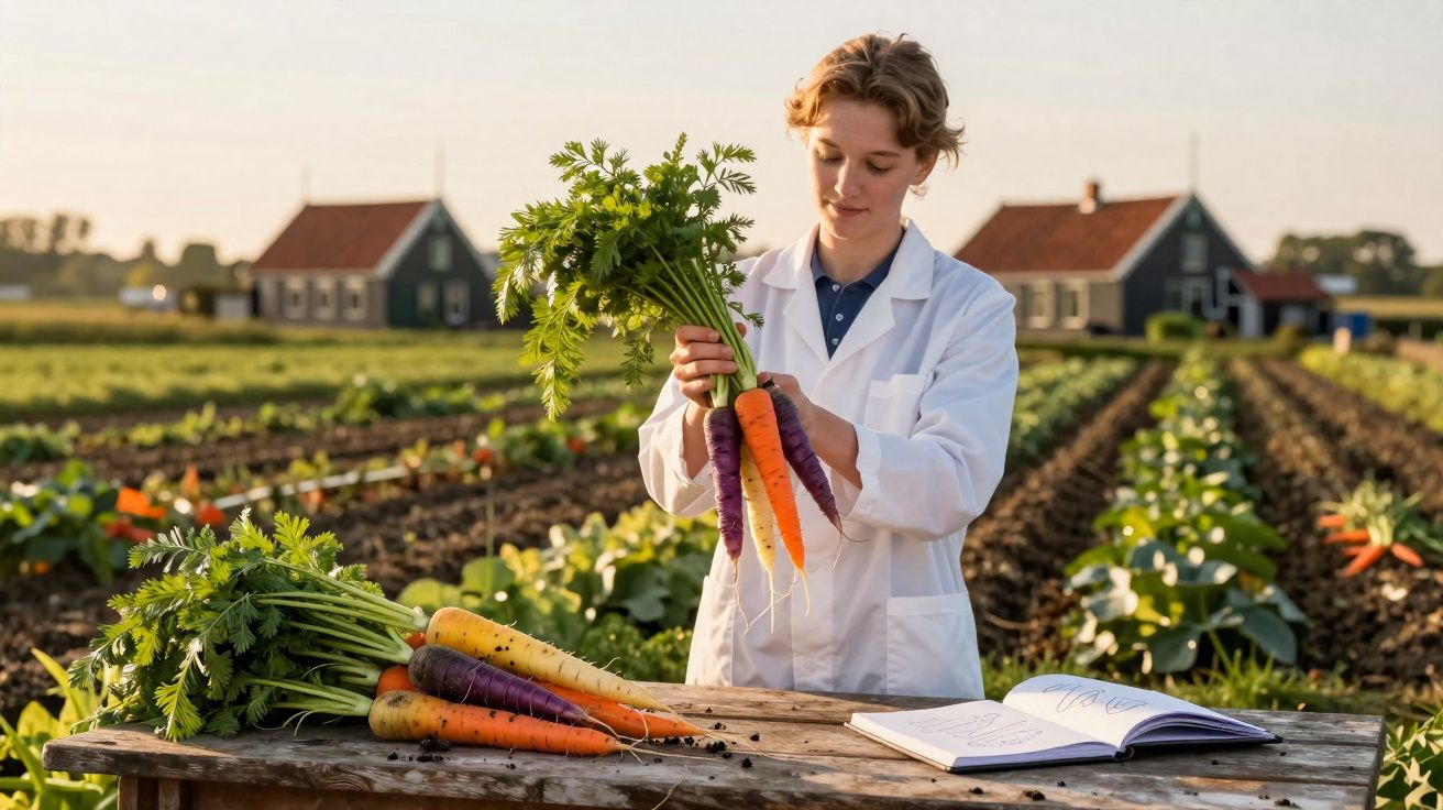 Pessoa com bata branca examina cenouras de várias cores numa quinta ao pôr do sol.