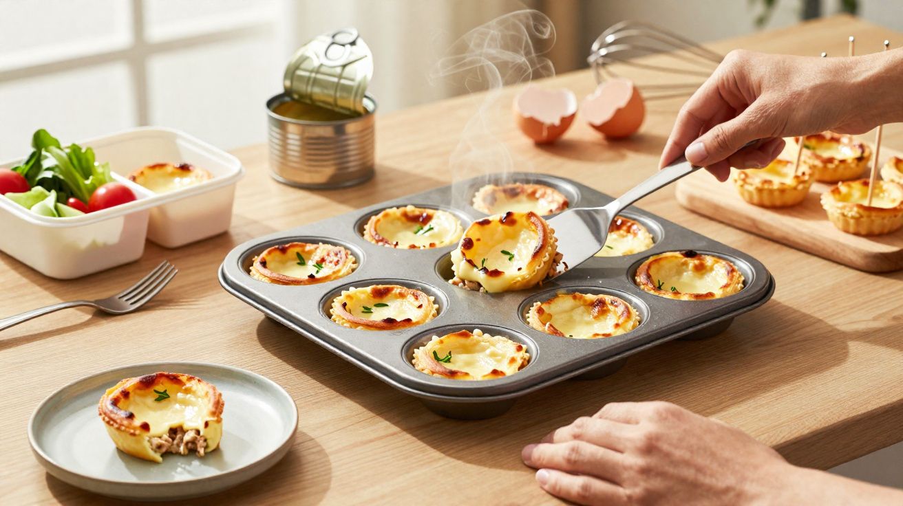 Pessoas a retirar tartes quentes de uma forma de metal numa mesa de madeira com salada e ovos partidos.