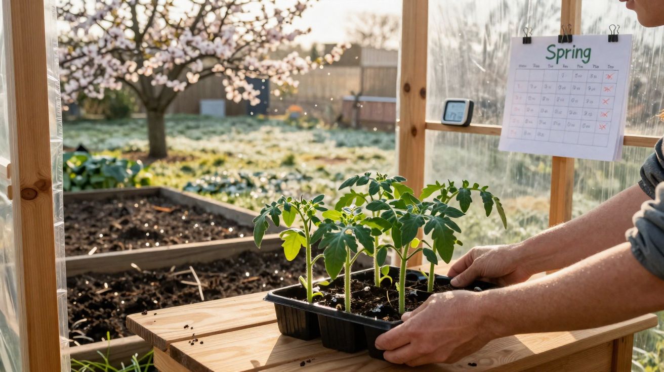 Mãos a colocar um tabuleiro com plantas jovens numa mesa de madeira dentro de uma estufa na primavera.