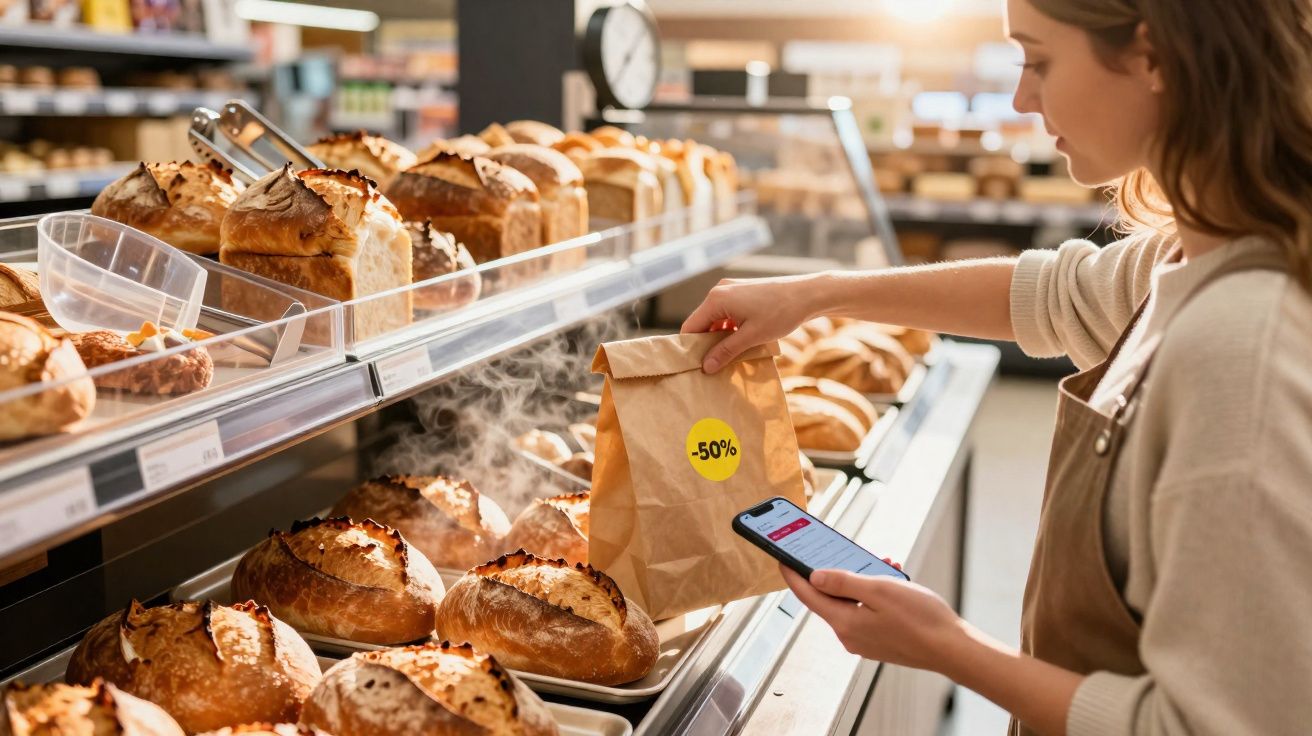 Mulher a colocar pão quente em saco com desconto de 50% numa padaria, segurando telemóvel na outra mão.