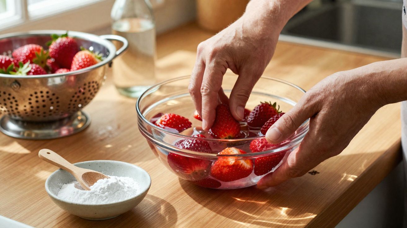 Mãos a lavar morangos numa taça de vidro com água, ao lado de uma coador e um recipiente com açúcar.