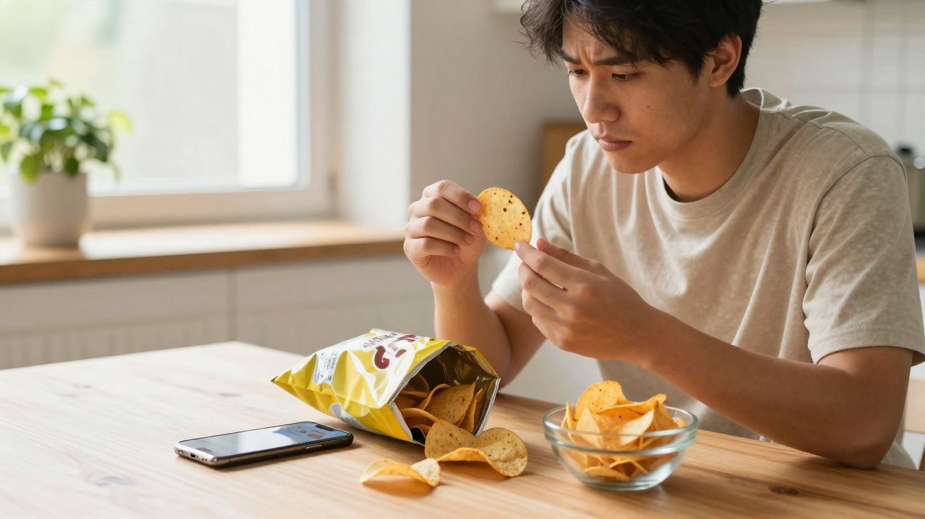 Homem sentado a analisar uma batata frita, com pacote aberto e taça com batatas sobre a mesa.