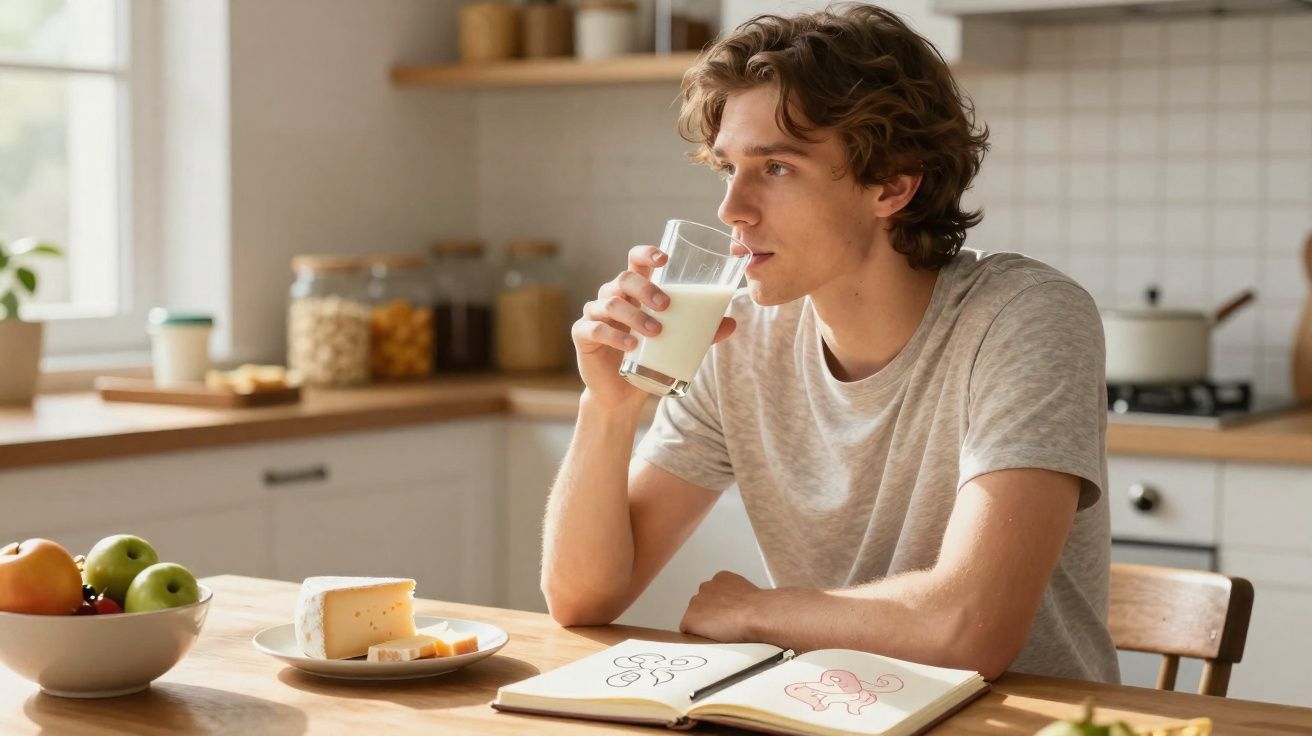 Jovem sentado a beber leite na cozinha, com frutas, queijo e caderno de desenhos à sua frente.