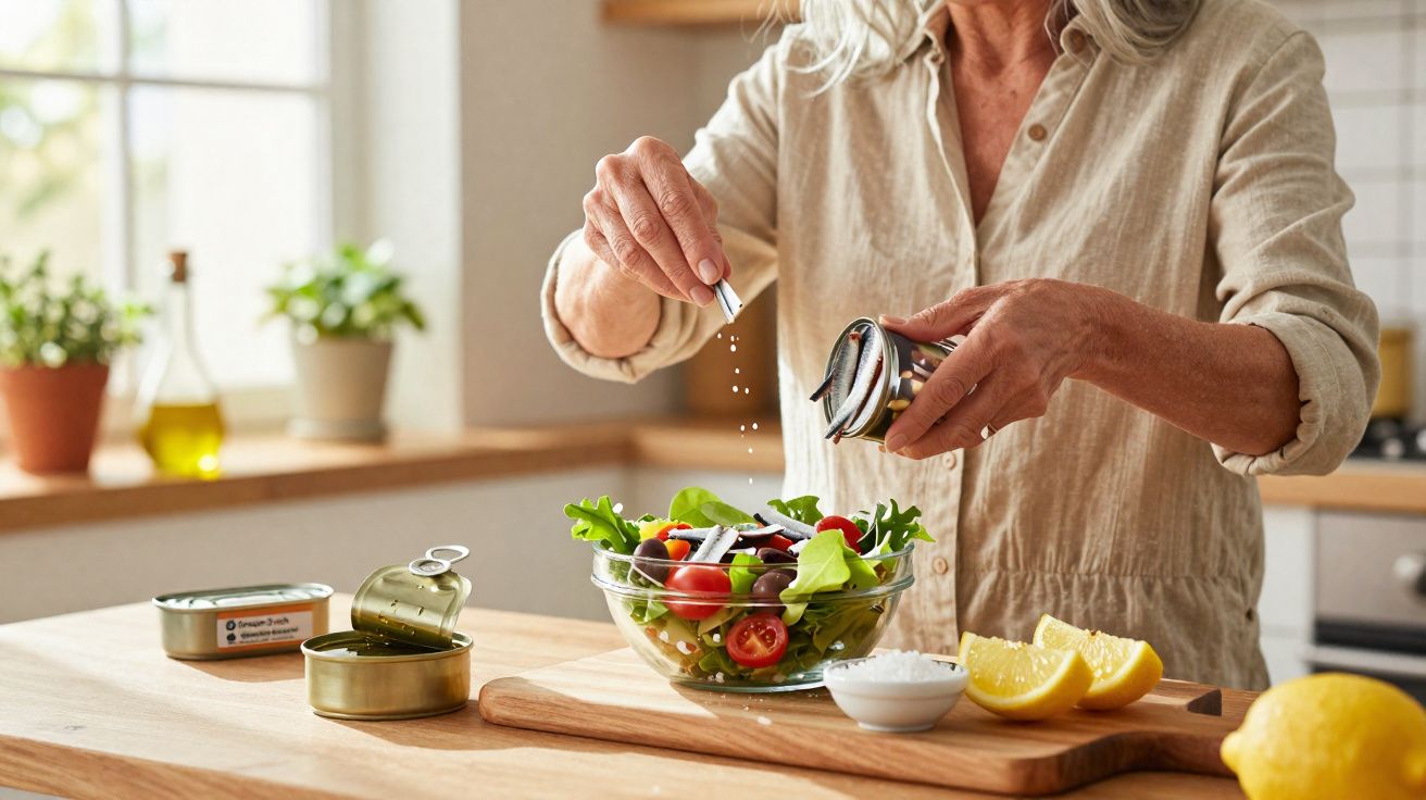 Pessoa salpicando sal numa salada fresca numa cozinha luminosa com limões e azeite à volta.
