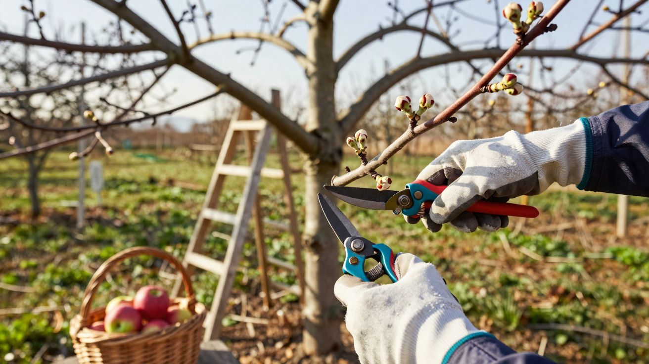 Pessoa a podar ramo de árvore com tesoura de poda, campo com cesta de maçãs e escada ao fundo.