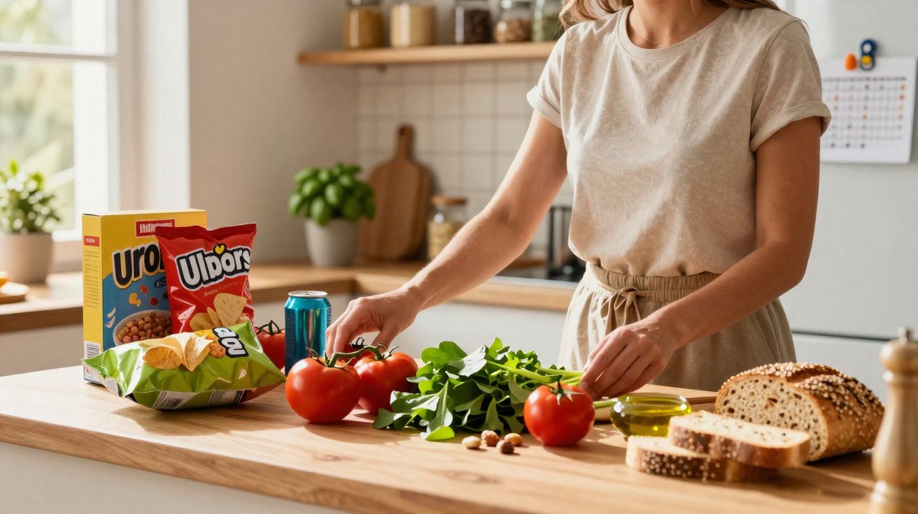 Pessoa a preparar legumes frescos numa cozinha com pão, snacks e azeite numa bancada de madeira.