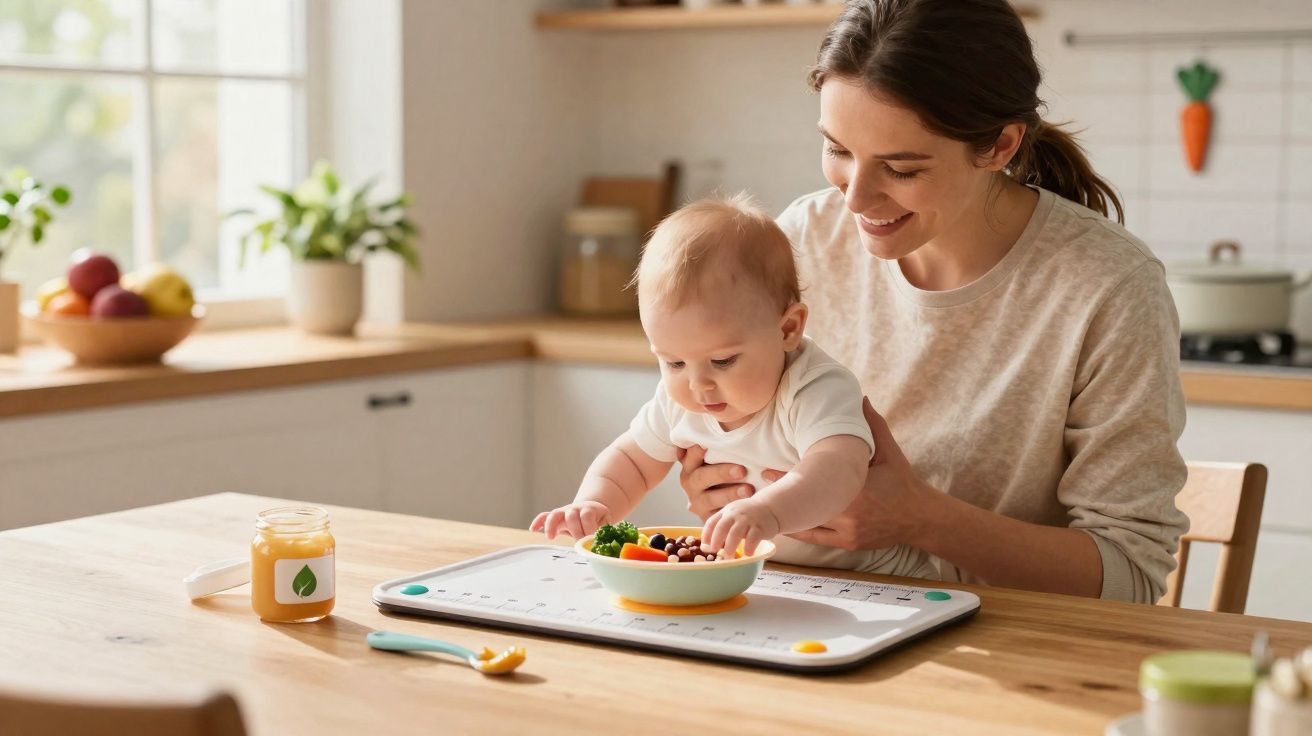 Mãe sorridente a ajudar bebé a explorar uma taça de puré de legumes numa cozinha luminosa.
