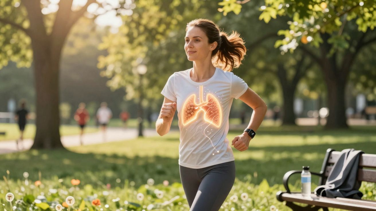 Mulher a correr num parque com ilustração digital dos pulmões iluminados no peito.