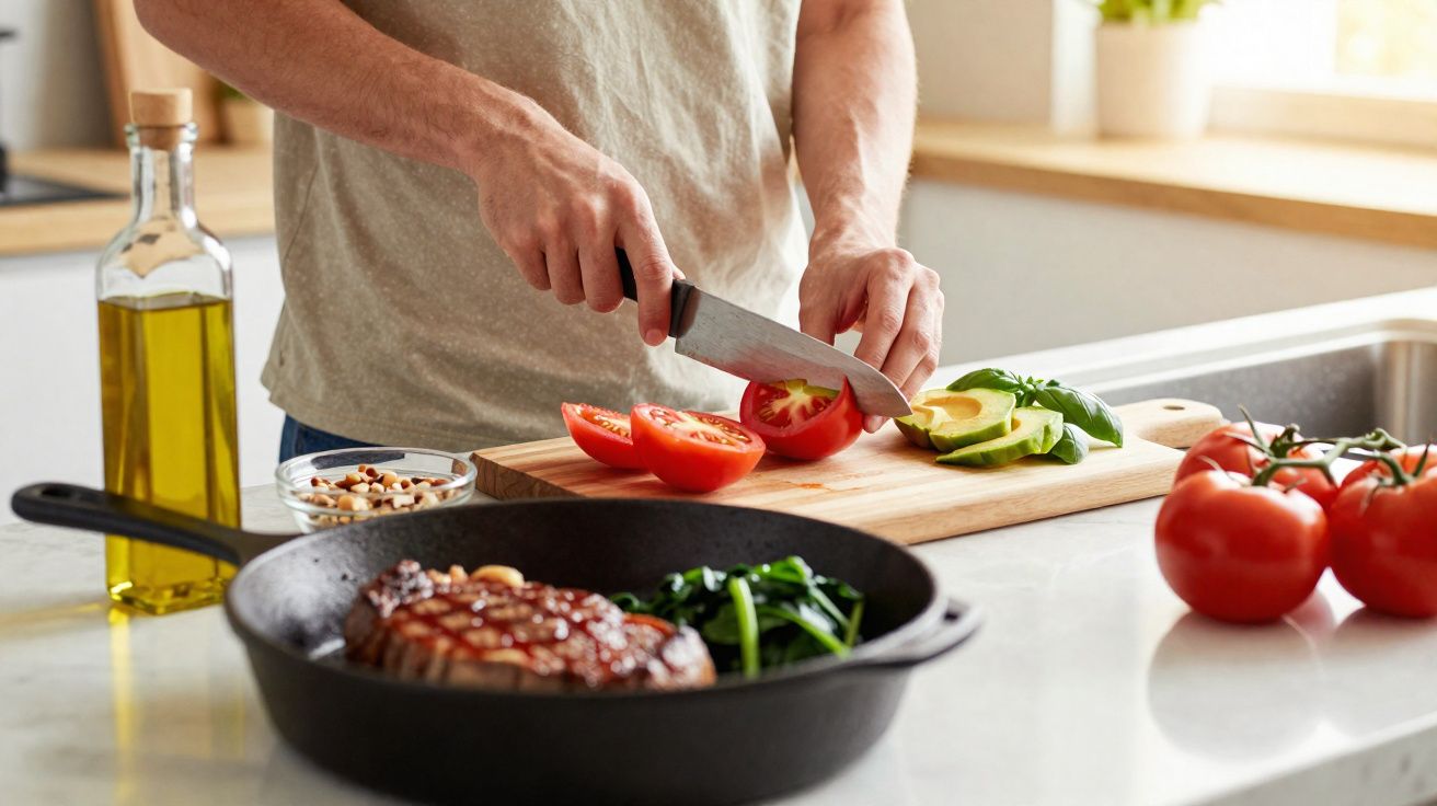 Pessoa a cortar tomate e abacate numa tábua de cozinha, com bifes e legumes a cozinhar numa frigideira.