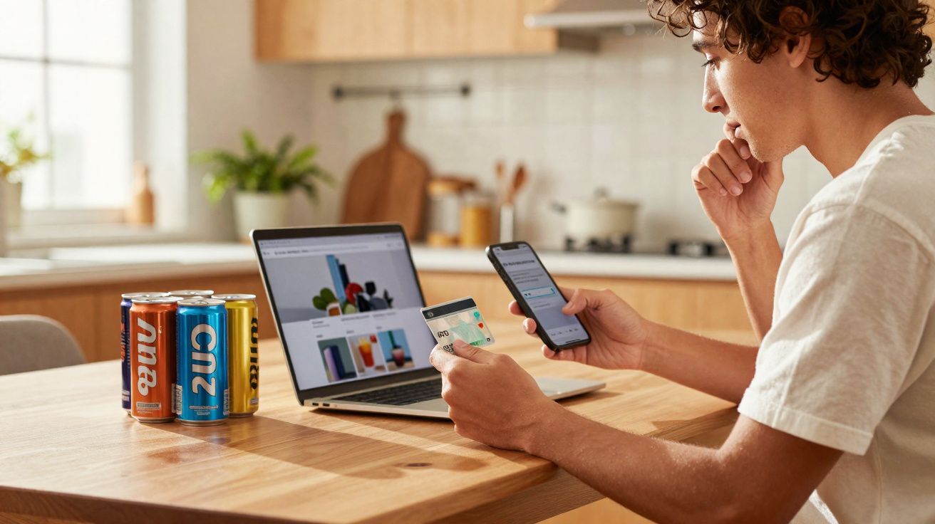 Jovem a fazer compras online com telemóvel, cartão de crédito e portátil numa cozinha moderna.