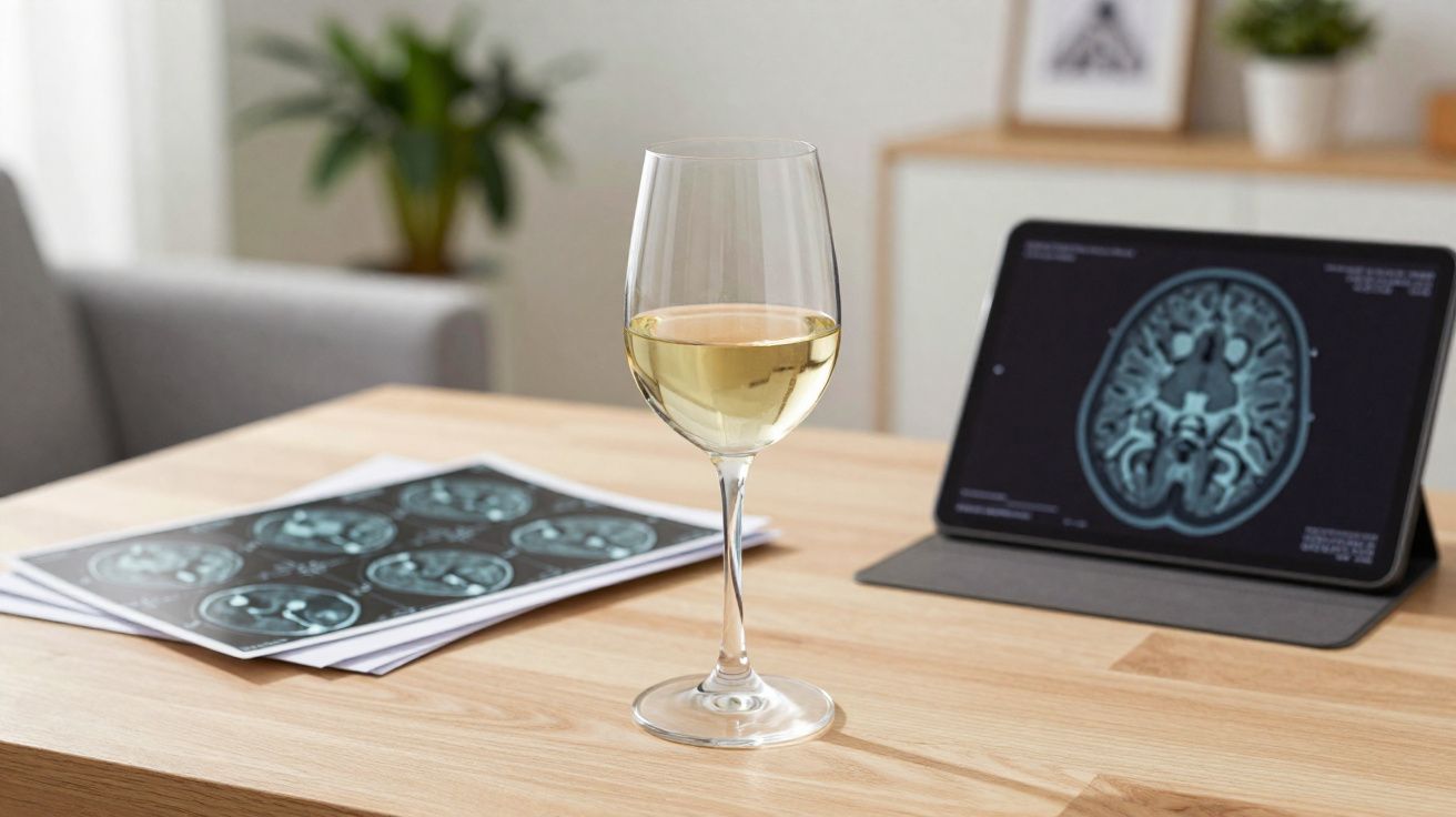 Taça de vinho branco num escritório com imagens de ressonância magnética do cérebro numa mesa de madeira.