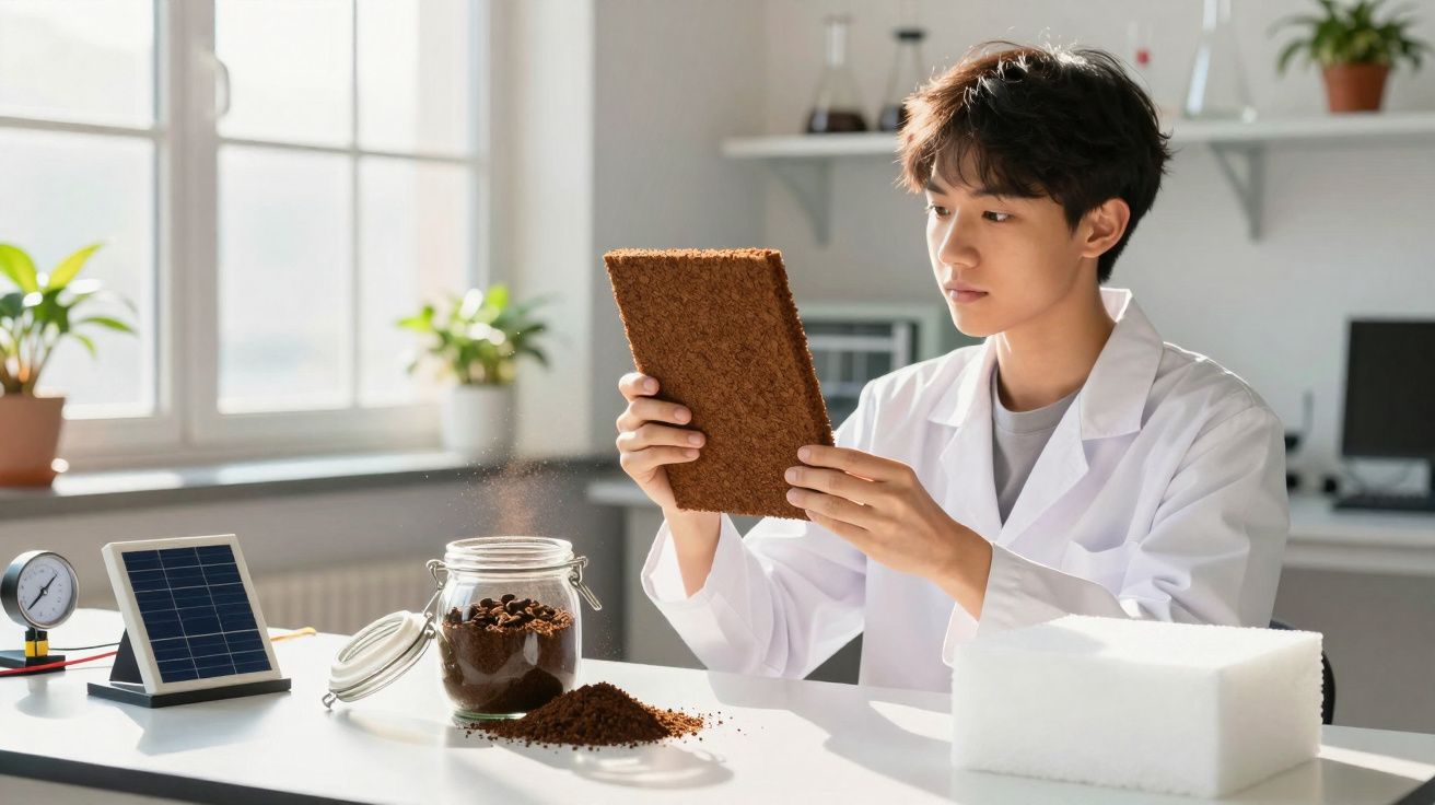 Pessoa com bata branca analisa bloco de material ecológico numa bancada de laboratório.