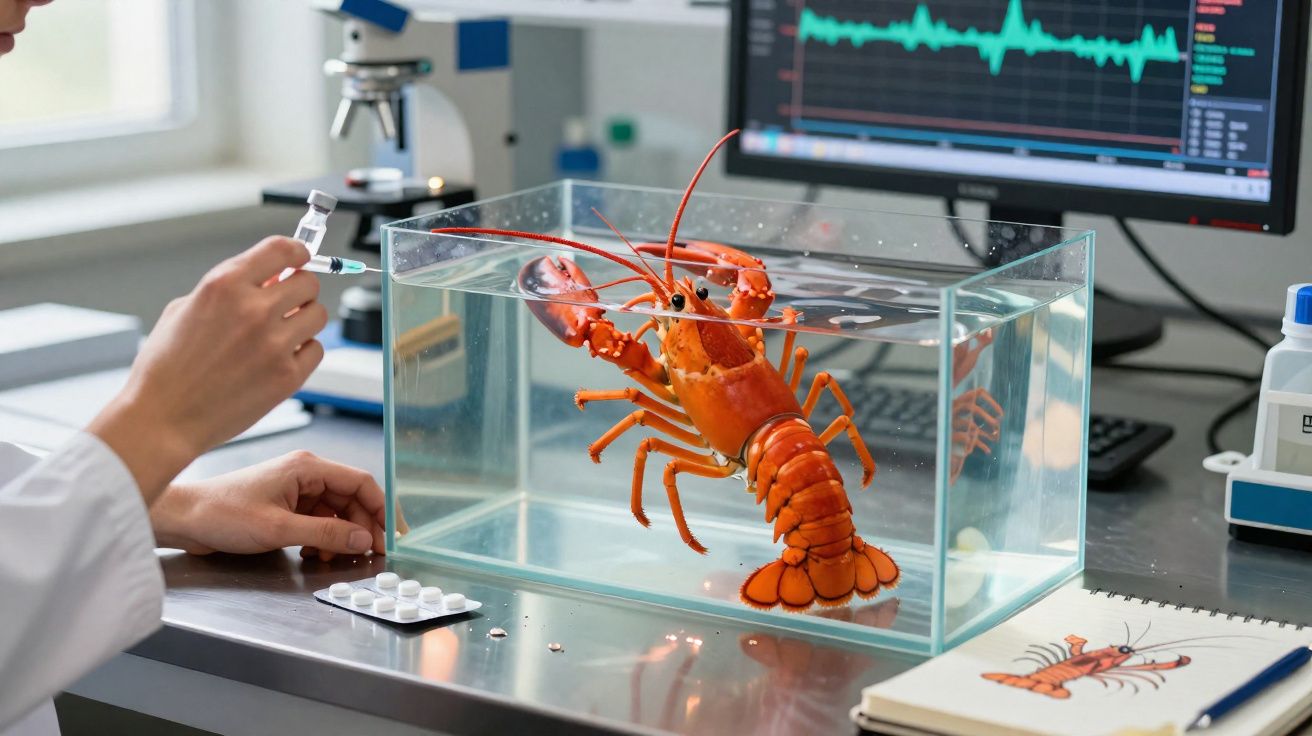 Lagosta vermelha num aquário de laboratório, com mãos a segurar seringa e comprimidos numa bancada.