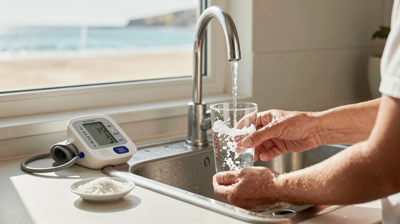 Pessoa a encher copo com água na torneira da cozinha, com medidor de pressão e prato com sal na bancada.