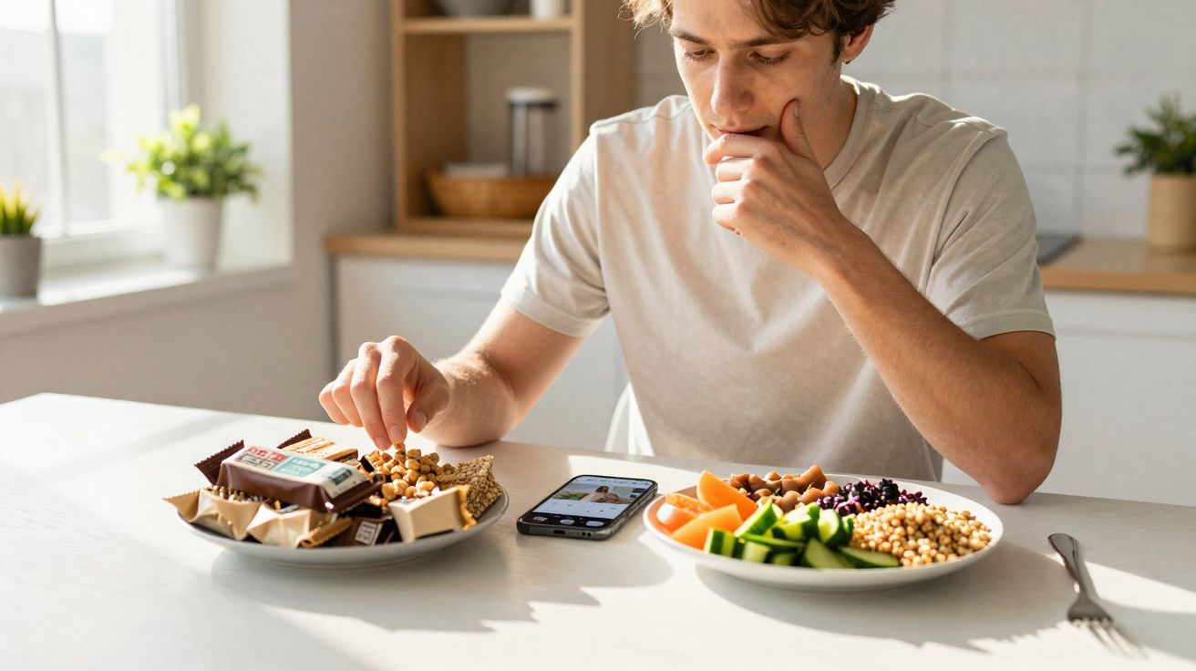 Homem sentado à mesa a escolher entre snacks embalados e uma prato com legumes e sementes, com telemóvel ao lado.