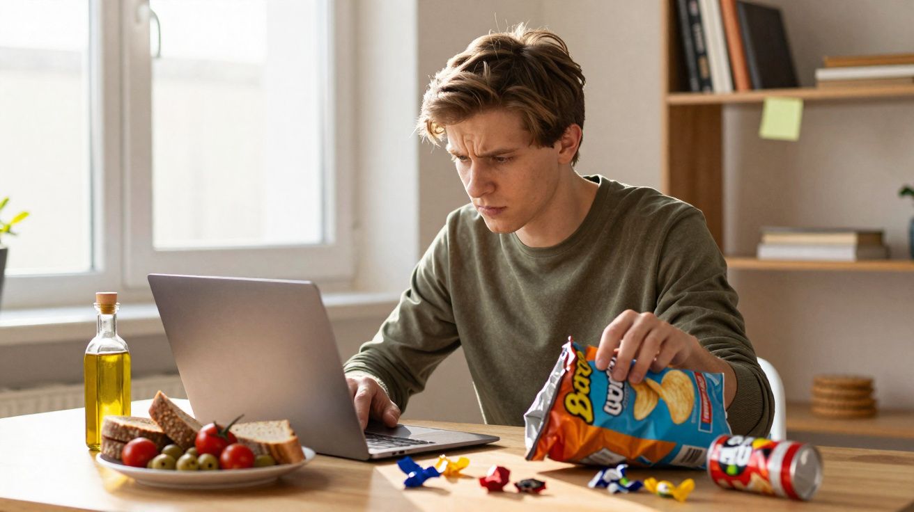 Jovem concentrado a usar computador portátil enquanto come batatas fritas na cozinha iluminada.