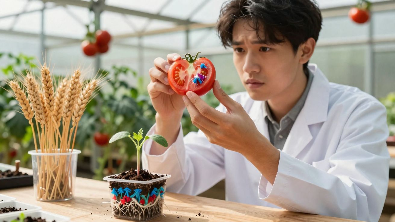 Cientista em laboratório a analisar tomate cortado com sensores, planta e trigo na mesa, estufa ao fundo.