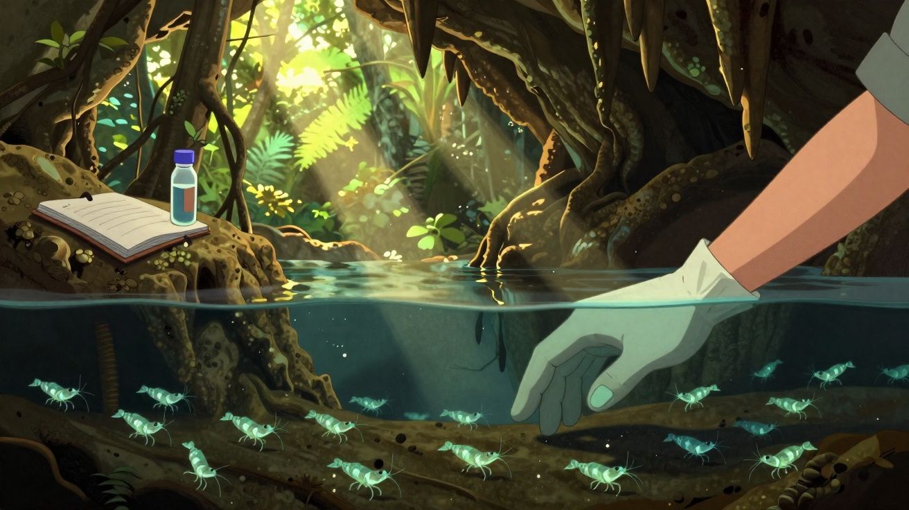 Mão com luva recolhe amostras subaquáticas de camarões numa floresta tropical iluminada.