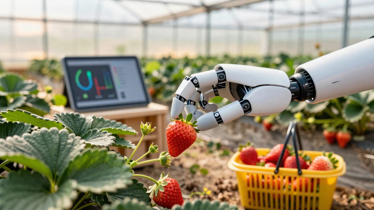 Braço robótico colhe morango numa estufa com computador e cesto de morangos ao fundo.