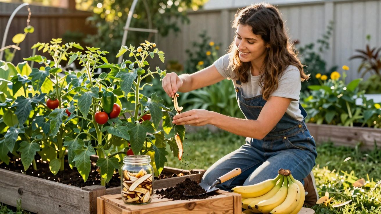 Mulher a guardar fatias de vegetais num frasco, num jardim com plantas e bananas ao lado.