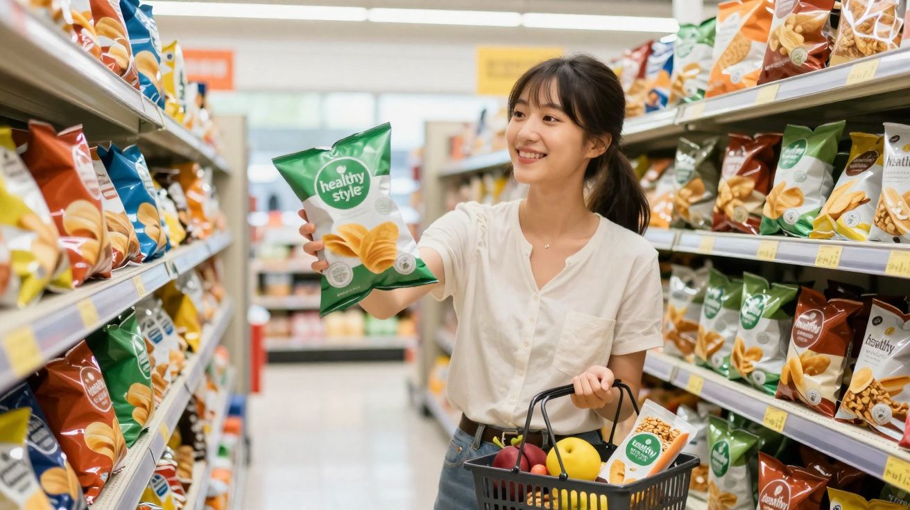 Mulher sorridente segurando pacote de batatas fritas numa mão e carrinho no supermercado.