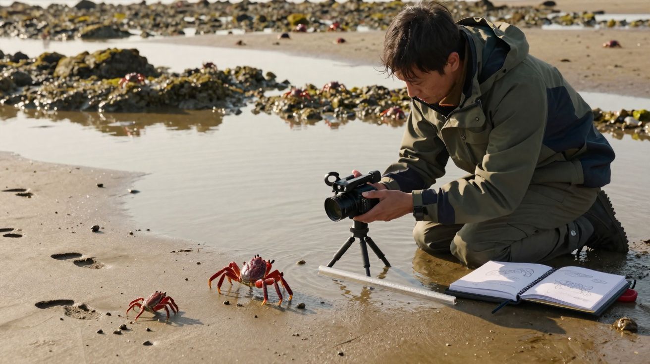 Homem fotografa caranguejos na praia com caderno de desenhos aberto ao lado na areia molhada.