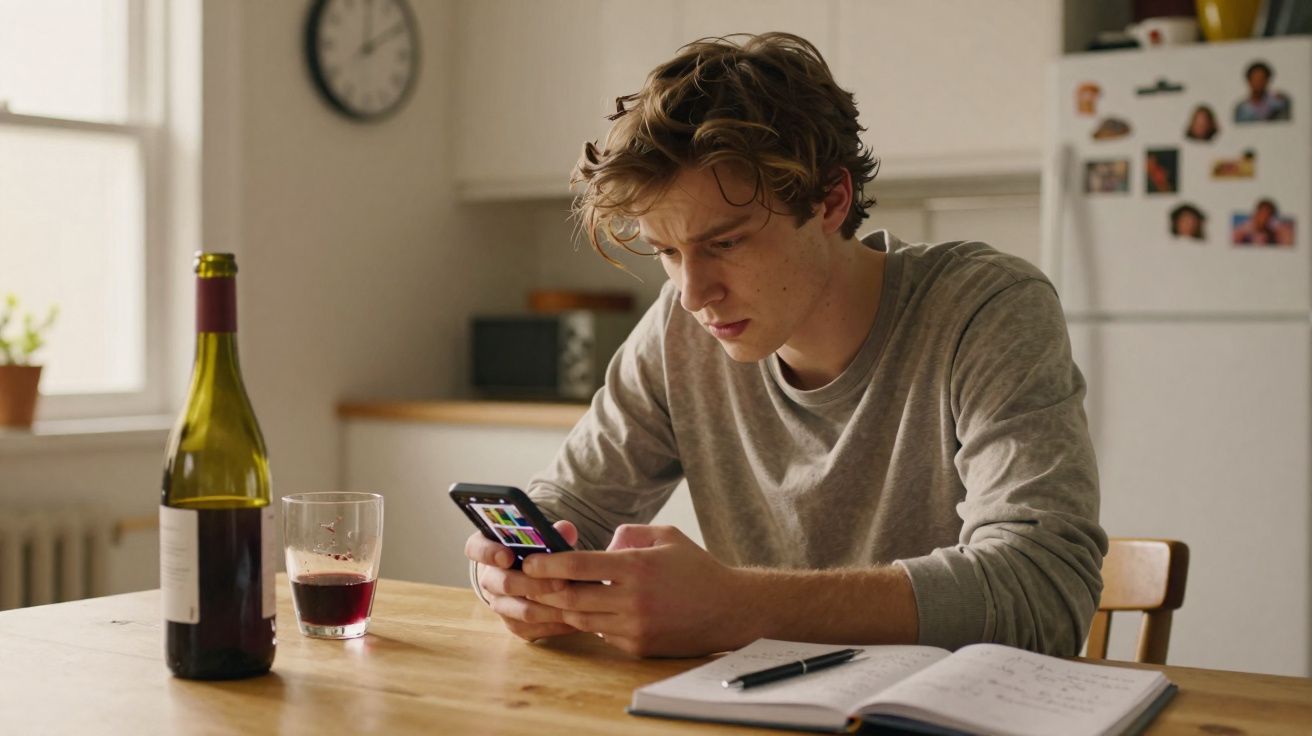 Jovem sentado à mesa a olhar para o telemóvel, com garrafa e copo de vinho e caderno aberto à sua frente.