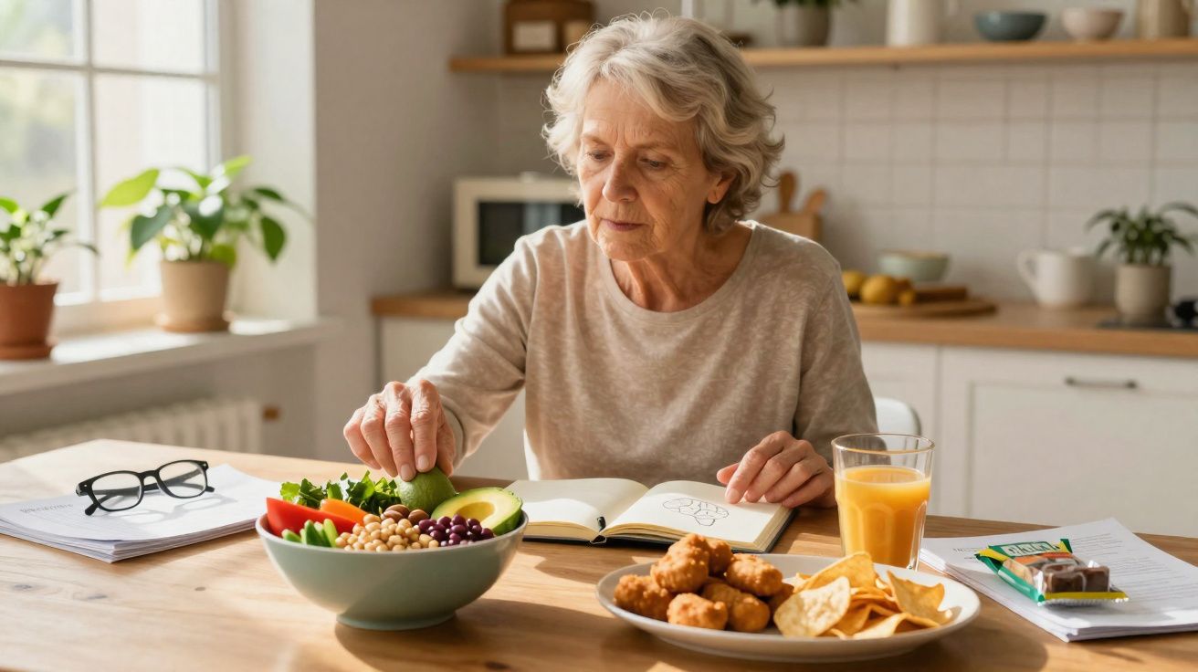 Mulher idosa a comer uma refeição saudável à mesa com salada, sumo e snacks no ambiente da cozinha.