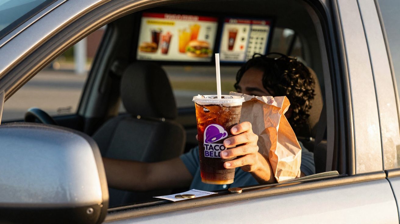 Pessoa num carro a segurar bebida e saco de comida do Taco Bell junto à janela aberta.