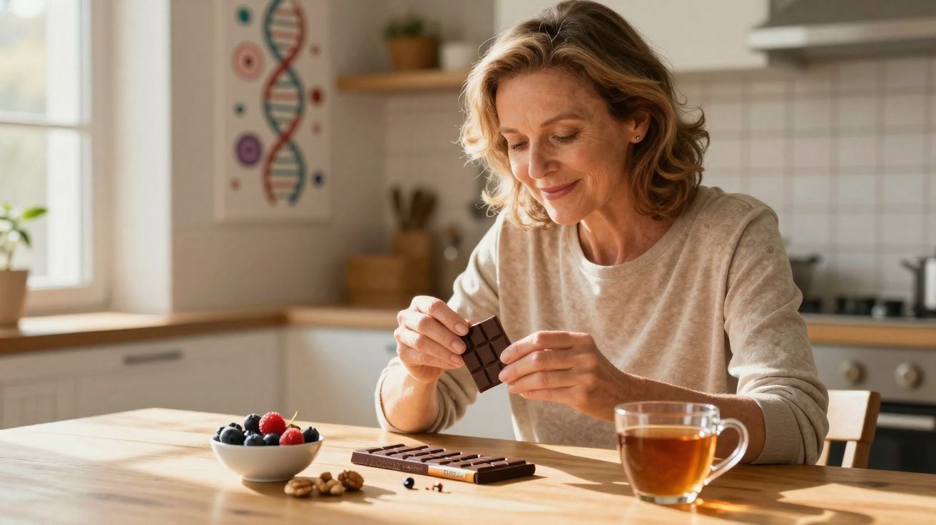 Mulher sorridente parte chocolate sentada à mesa com chá, frutos vermelhos e nozes numa cozinha iluminada.