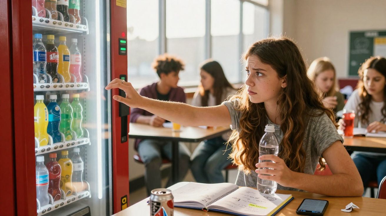 Jovem numa sala de aula a escolher bebida numa máquina automática enquanto segura uma garrafa de água.