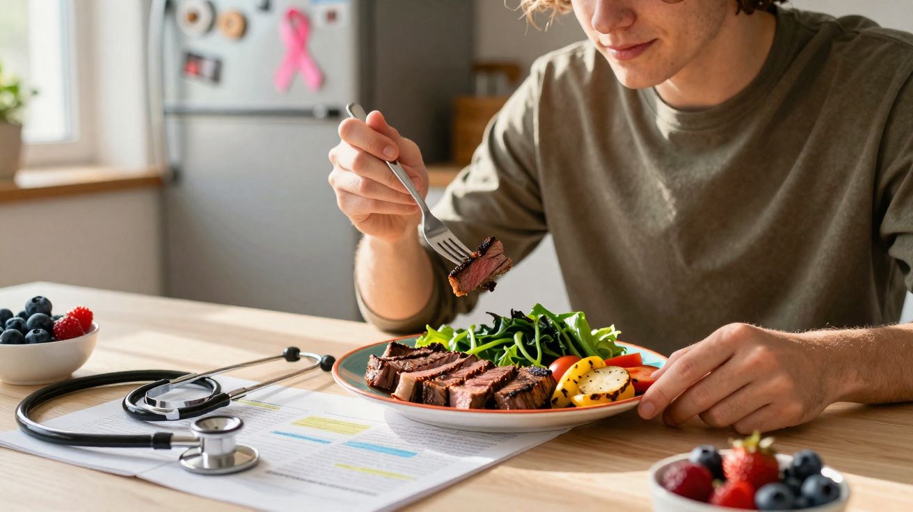 Pessoa a comer refeição saudável com carne grelhada, legumes, e frutas na mesa junto a estetoscópio e documentos.