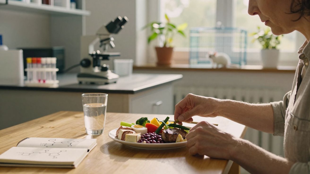 Pessoa a preparar um prato saudável com legumes, ovo e feijão numa cozinha com microscópio ao fundo.