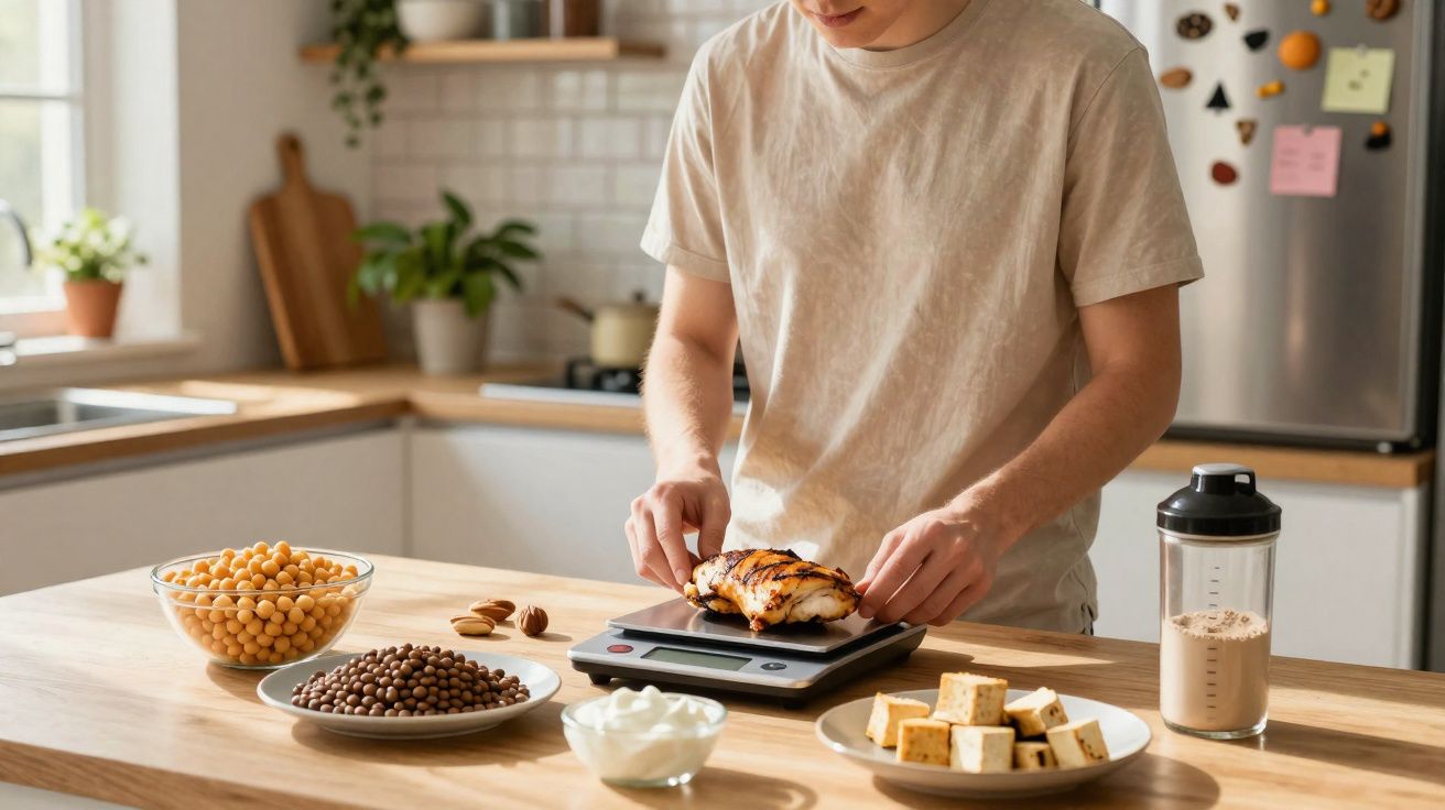 Pessoa a pesar pedaço de frango grelhado numa balança digital, rodeada de alimentos saudáveis numa cozinha iluminada.