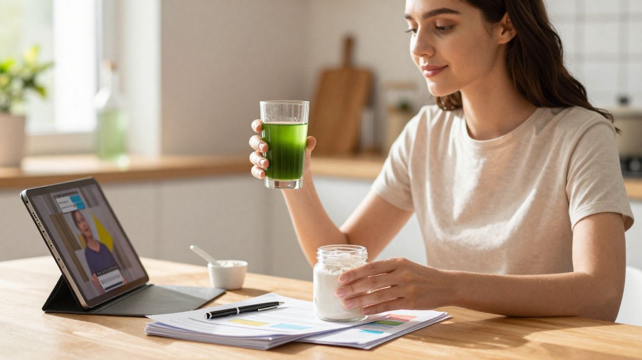 Mulher sentada à mesa a beber sumo verde enquanto estuda com tablet e materiais escolares.