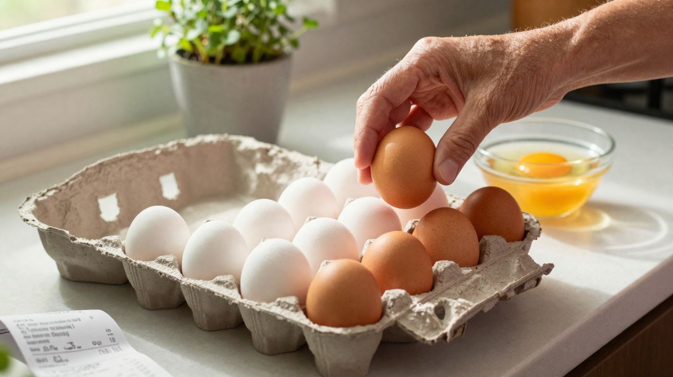 Mão a apanhar ovo castanho de caixa com ovos brancos e castanhos numa bancada de cozinha iluminada.