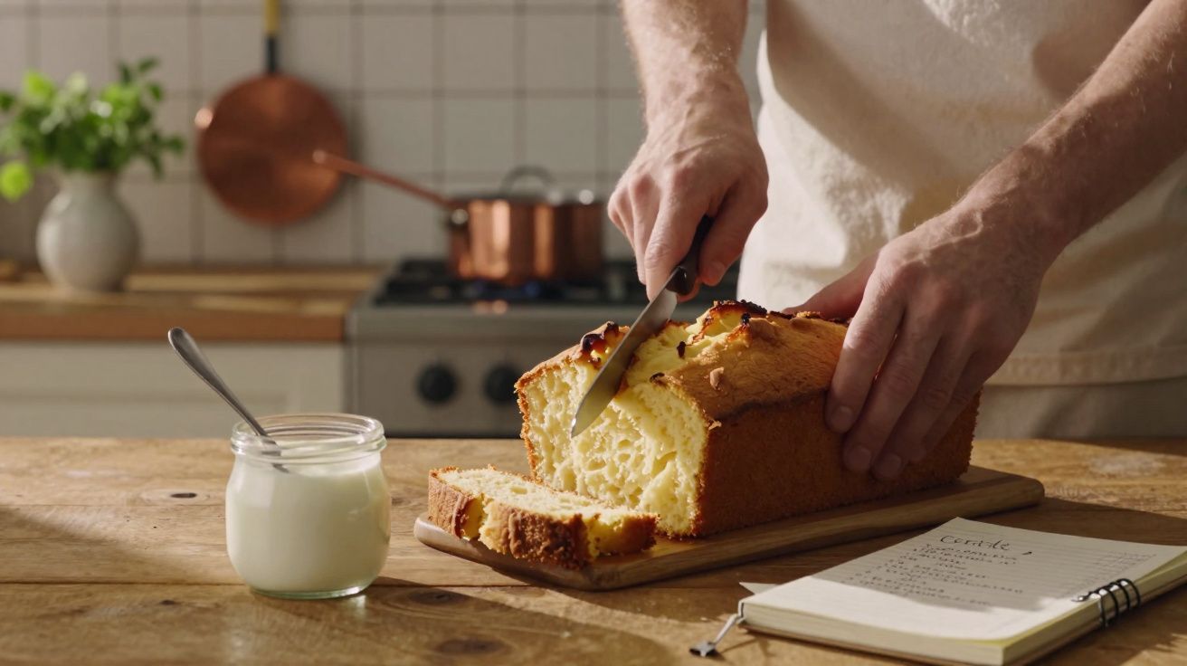 Pessoa a cortar um bolo caseiro num tabuleiro de madeira, com iogurte e receita na mesa.