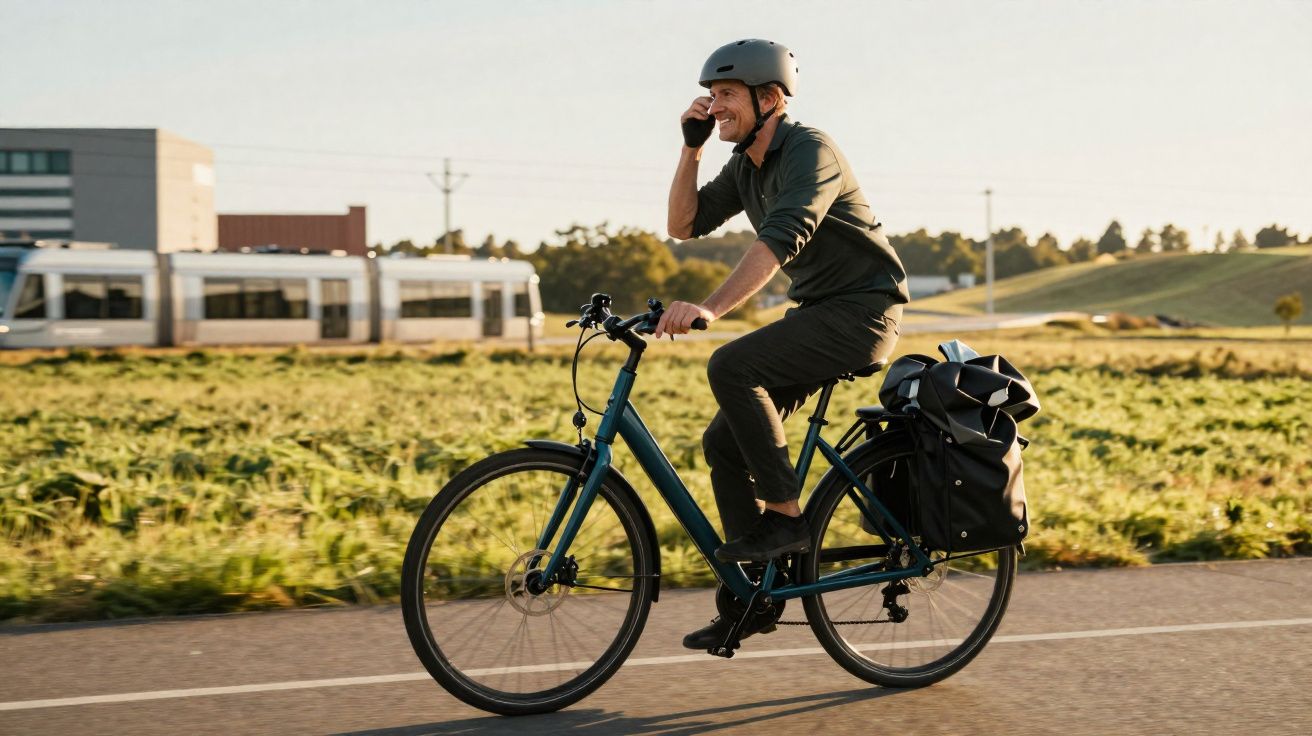 Homem feliz de capacete, a andar de bicicleta e a falar ao telemóvel numa estrada perto de comboio e campos verdes.