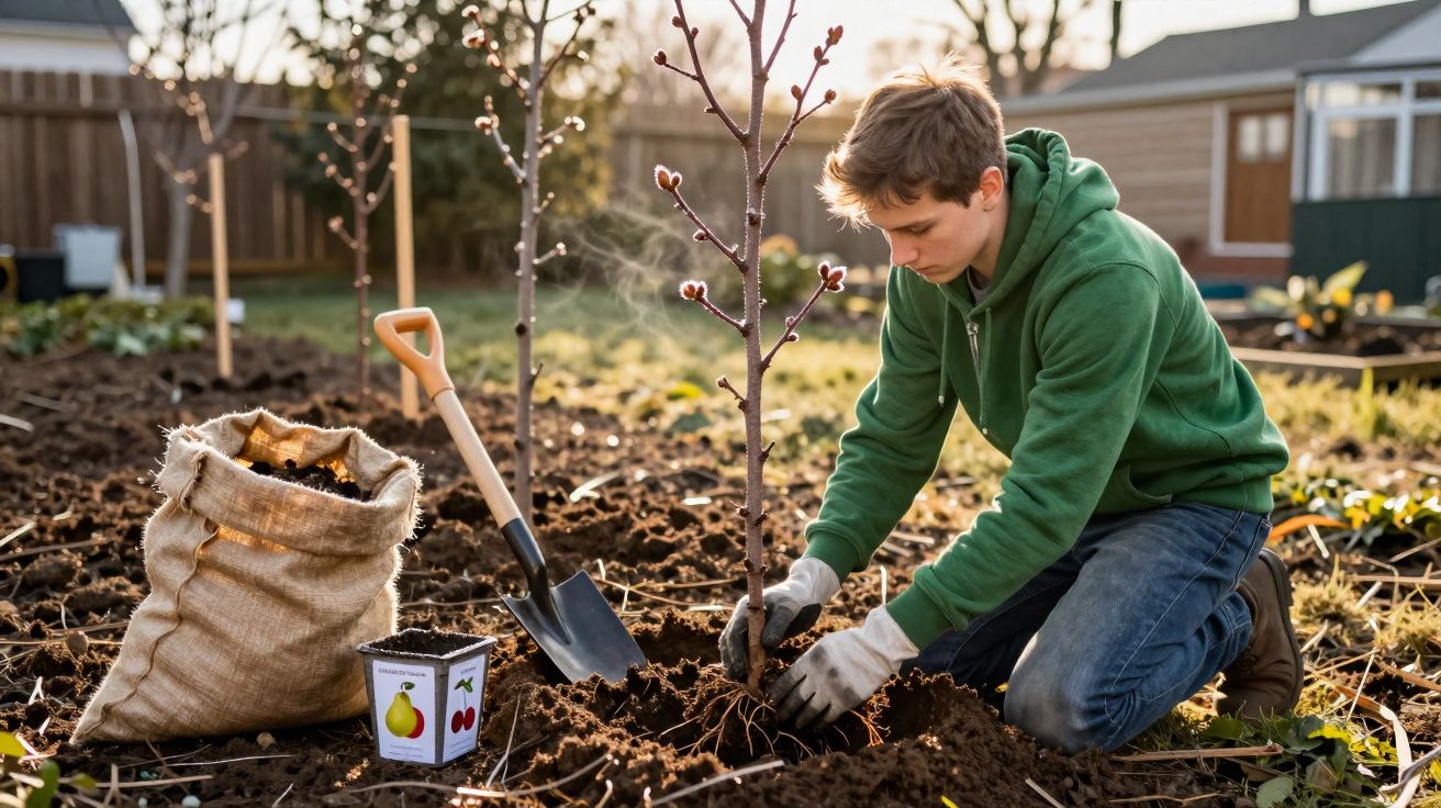 Jovem a plantar uma árvore num jardim, com enxada, saco de terra e recipiente de sementes ao lado.
