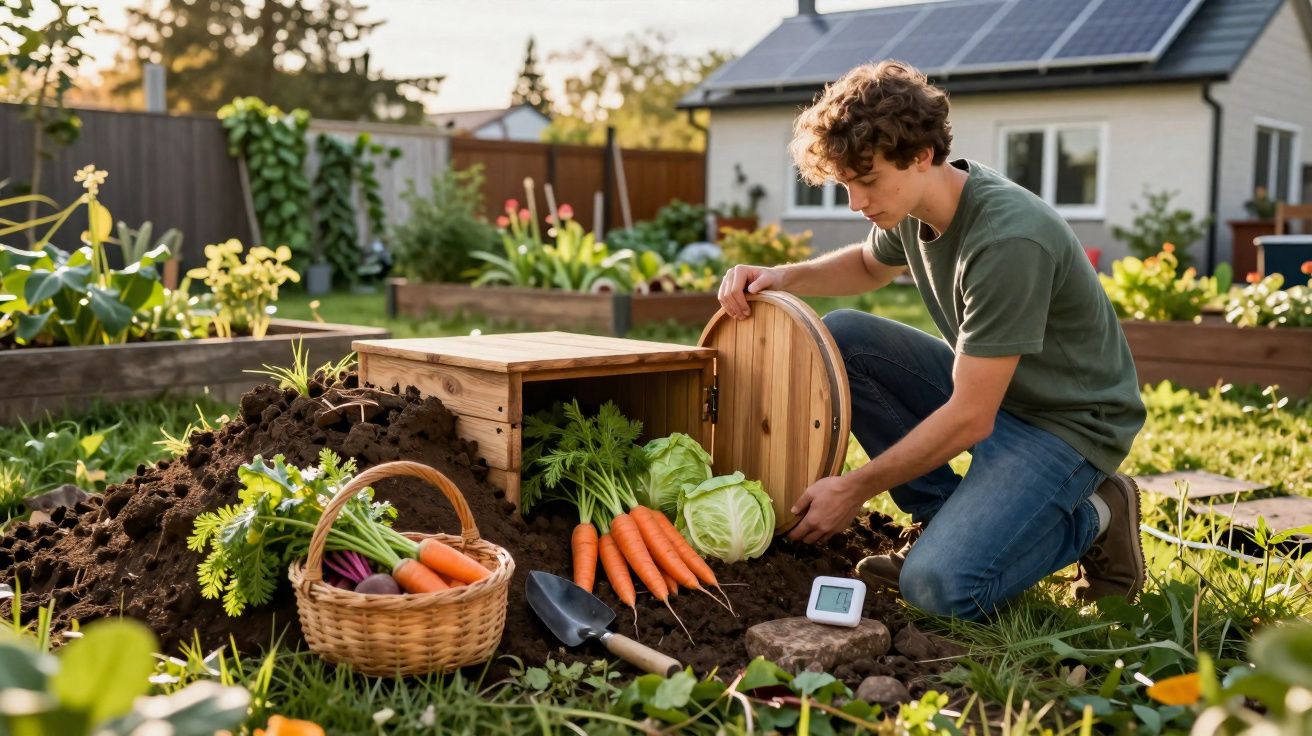 Jovem colhe cenouras e repolho num jardim com cestos e caixa de madeira ao pôr do sol.