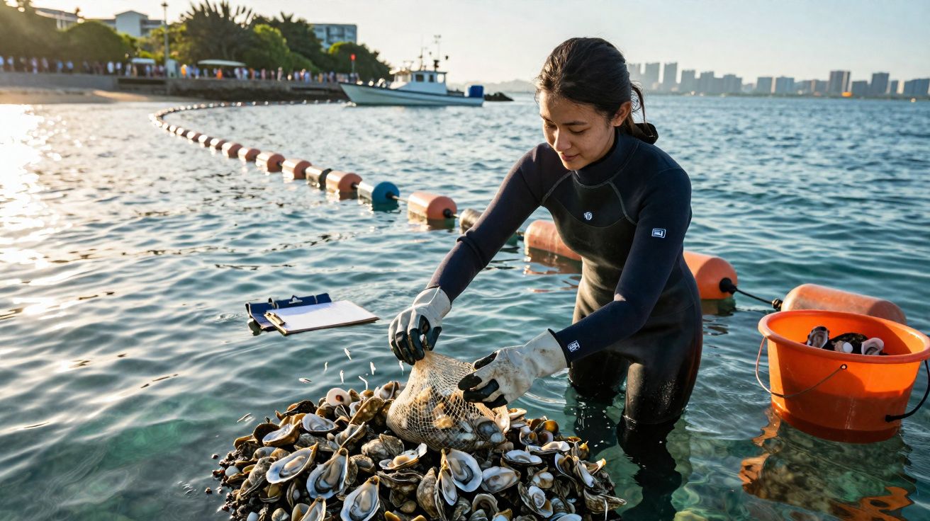 Mulher com fato de mergulho recolhe ostras no mar perto da costa ao pôr do sol.