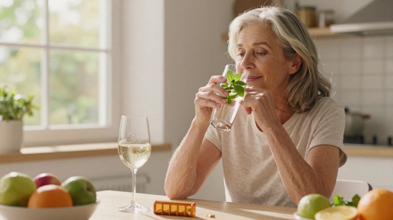 Mulher idosa a beber água com limão e ervas sentada à mesa com frutas e medicamentos no centro da cozinha.