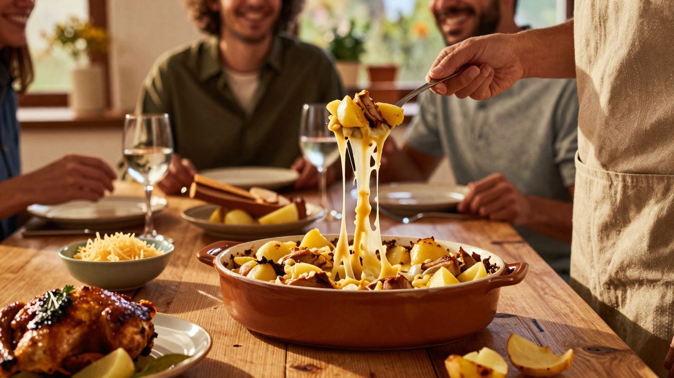 Prato de batatas gratinadas com queijo a ser servido numa mesa com pessoas a jantar.