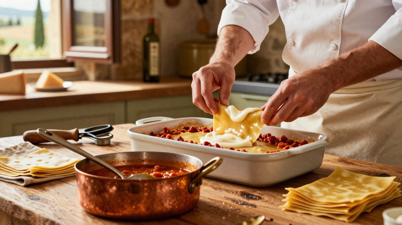 Mãos de uma pessoa a montar uma lasanha numa cozinha rústica, com molho de tomate e camadas de massa.