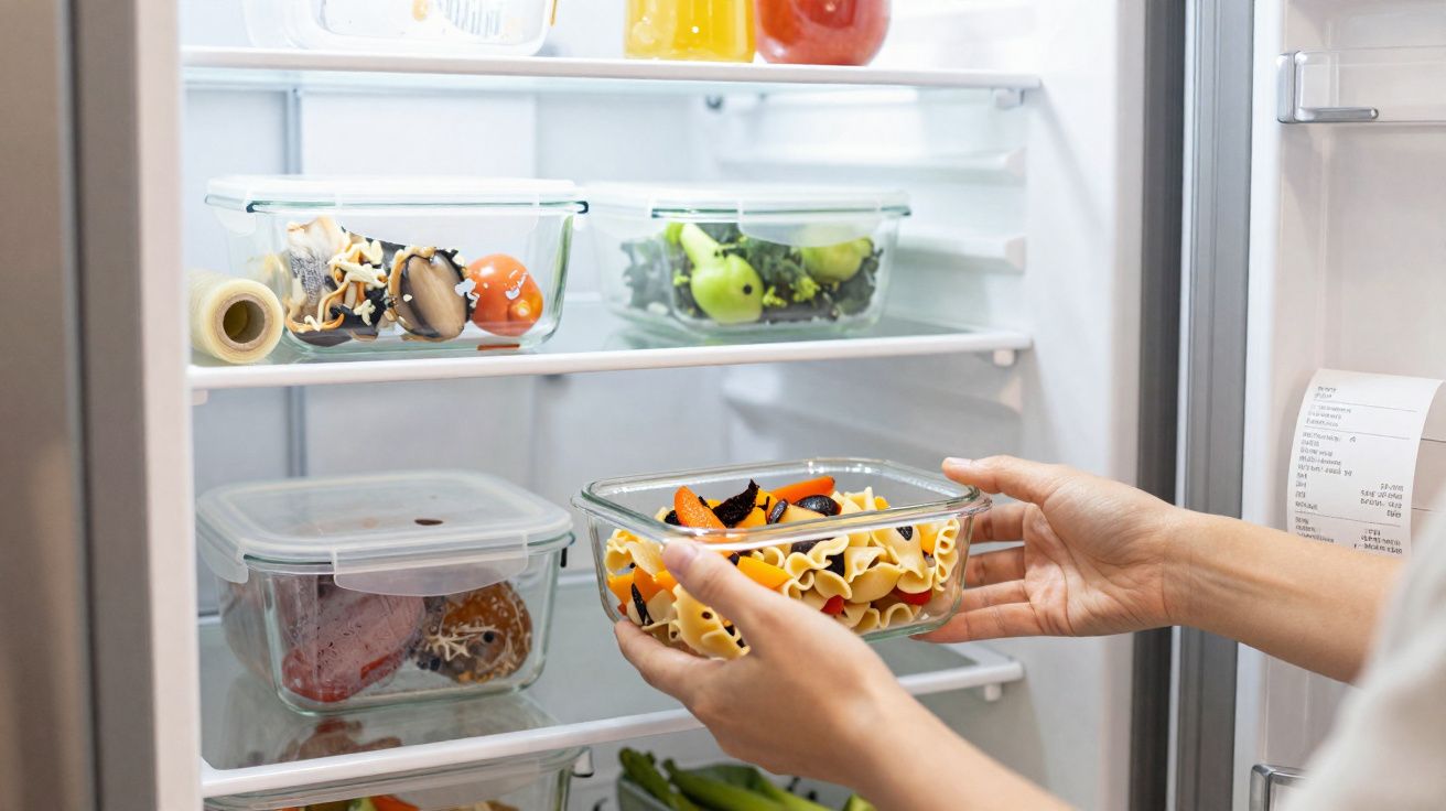 Mãos a colocar recipiente de vidro com massa e legumes dentro de frigorífico com vários alimentos.