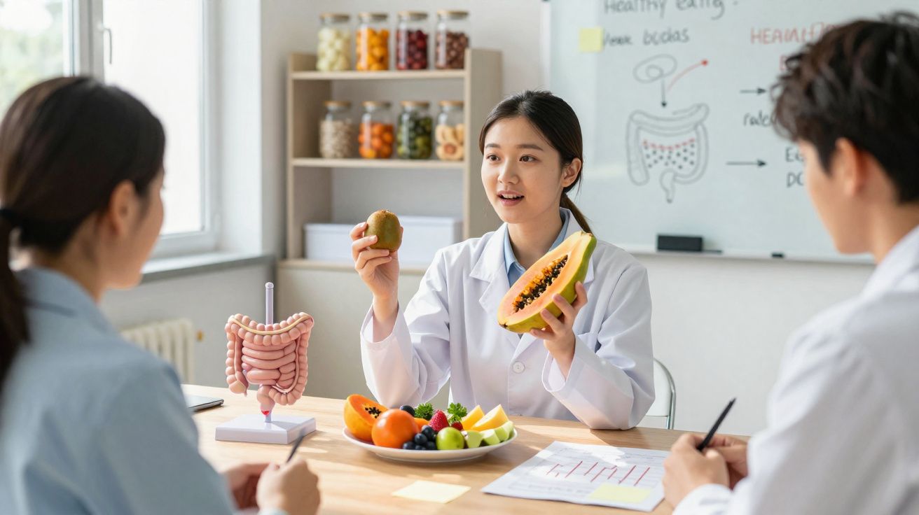 Professora de nutrição segura frutas enquanto explica saúde digestiva a dois alunos com modelo do intestino no centro.