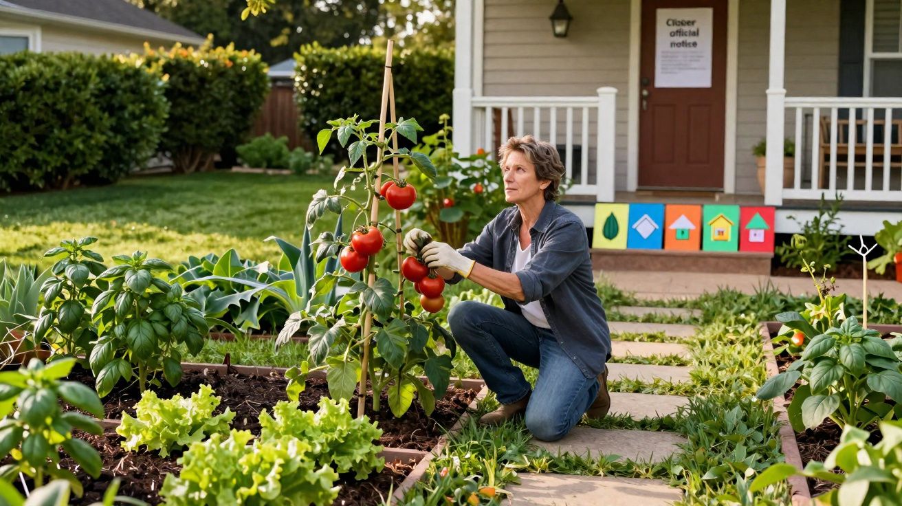 Mulher a cuidar de tomateiras num jardim com vários legumes verdes em frente a uma casa com alpendre.